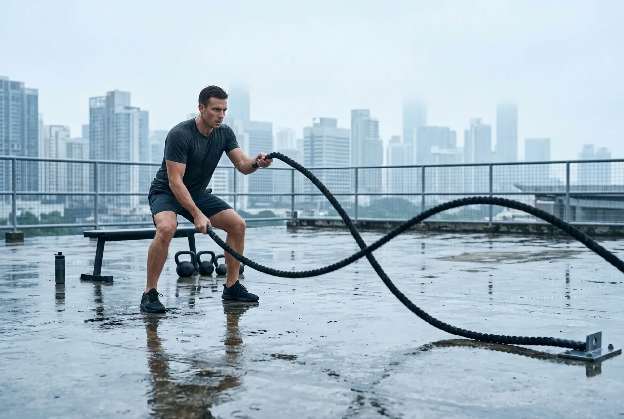 Athlete performing battle rope intervals on a wet rooftop training deck during a misty urban morning.