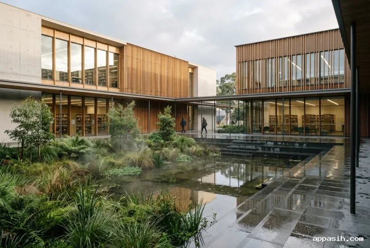 Low three-quarter view across the rain garden of a contemporary timber and concrete library courtyard with wet terraces and soft post-rain light.