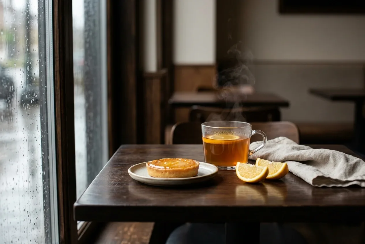 Steaming citrus tea and glossy honey tart on a walnut cafe table beside a rain-streaked window.