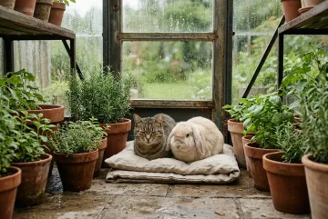 Tabby cat and cream lop-eared rabbit resting together on a linen cushion inside a rainy greenhouse surrounded by herbs and terracotta pots.