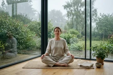 Woman practicing mindful breathing on a woven mat inside a glass garden room while gentle morning rain falls outside.