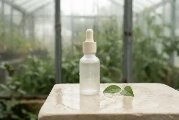 Unbranded frosted skincare serum bottle with botanical gel droplets and green leaves on wet pale stone inside a misty rain garden glasshouse.