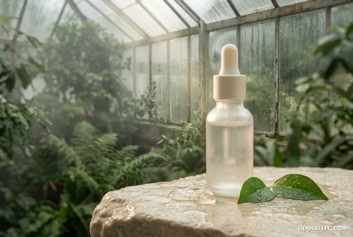Closer three-quarter view of an unbranded frosted serum bottle, clear botanical gel droplets, and dew-covered leaves on wet stone in a softly lit misty glasshouse.