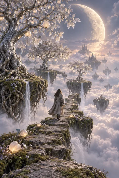Lone traveler walking through a floating silver orchard above glowing clouds beneath a giant crescent moon.