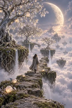 Lone traveler walking through a floating silver orchard above glowing clouds beneath a giant crescent moon.