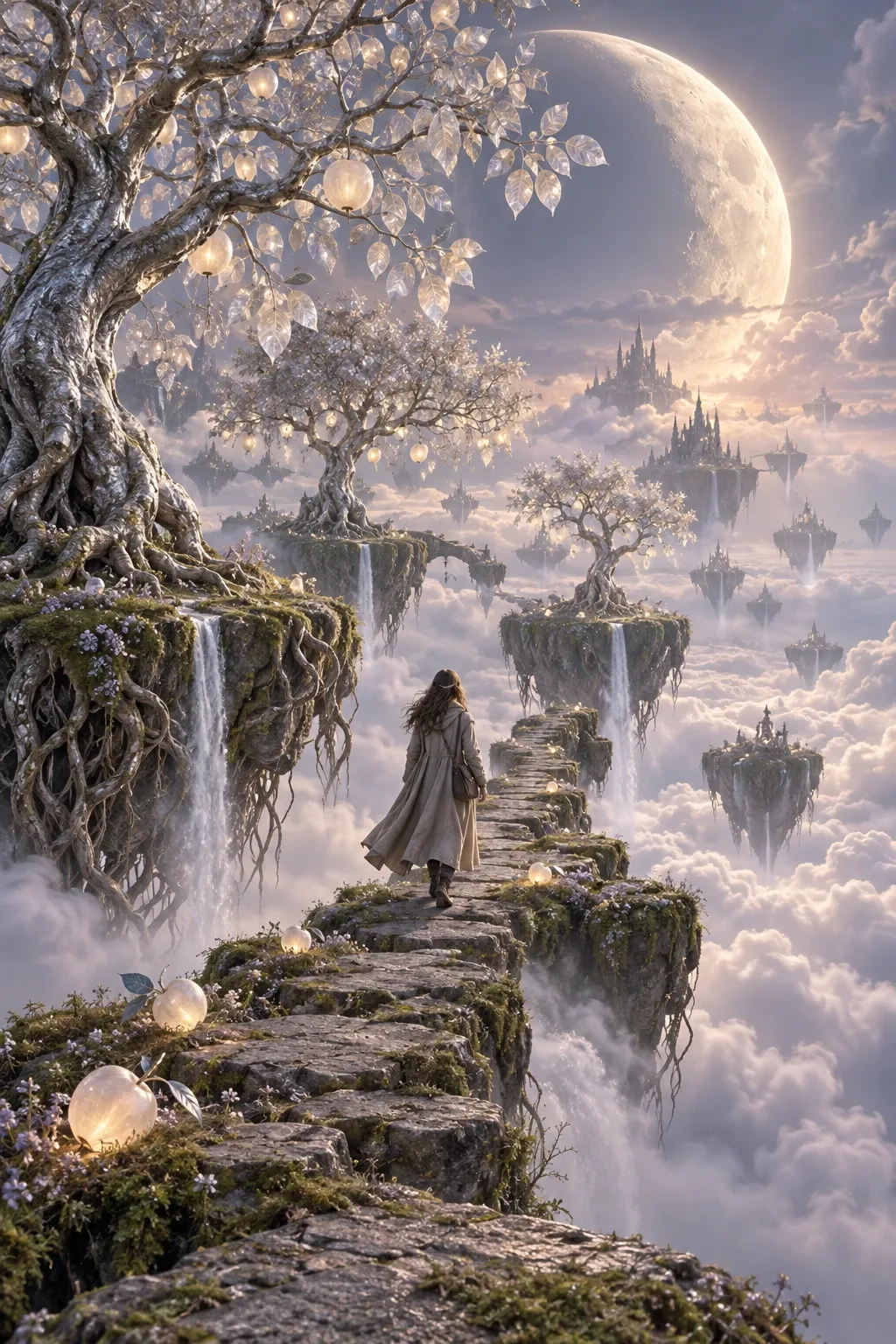 Lone traveler walking through a floating silver orchard above glowing clouds beneath a giant crescent moon.