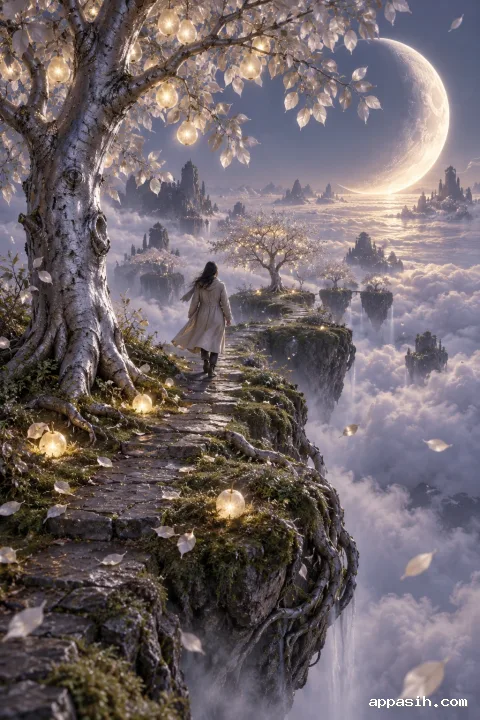Closer view of a lone traveler crossing a floating silver orchard above clouds beneath an enormous crescent moon.