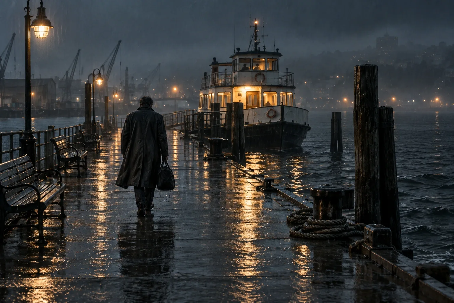 Solitary traveler in a charcoal raincoat walking along a wet harbor pier toward a warmly illuminated ferry on a misty rainy night.