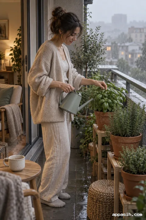 Young adult gently touching rain-damp herb leaves while holding a ceramic watering can beside an apartment balcony on a misty morning.
