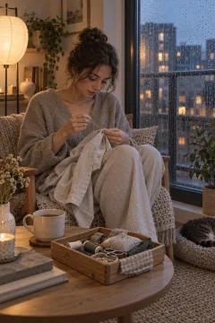 Young adult hand-sewing a linen shirt beside a rain-covered apartment window during a calm evening at home.