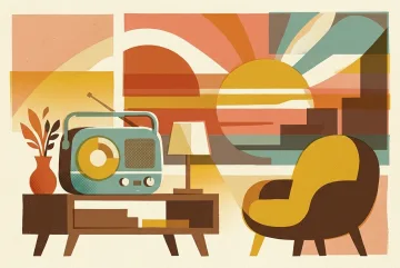 Vintage portable radio on a low table in an abstract retro room with geometric sunset shapes, mustard orange tones, teal accents, and textured screenprint-style surfaces.