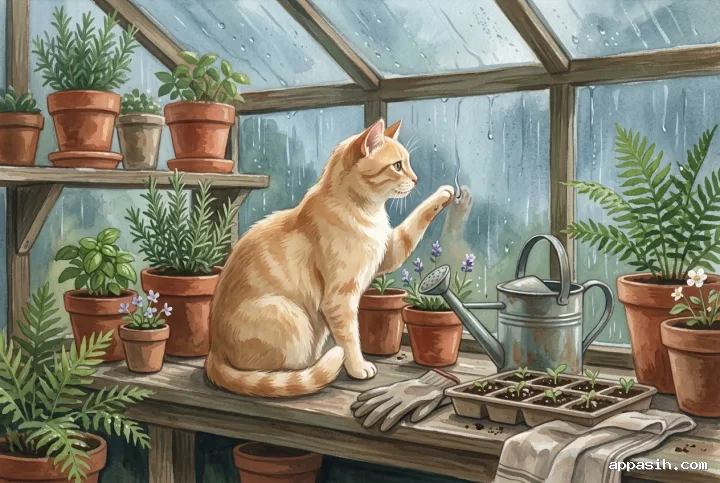 Ginger cat raising one paw toward rain-streaked greenhouse glass beside terracotta herb pots, rendered with layered matte gouache brushwork.