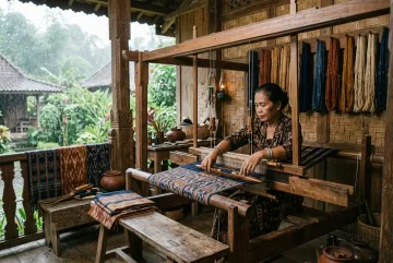 Ikat weaver working at a traditional wooden loom inside a rainlit timber heritage house with hand-dyed yarn and folded woven textiles.
