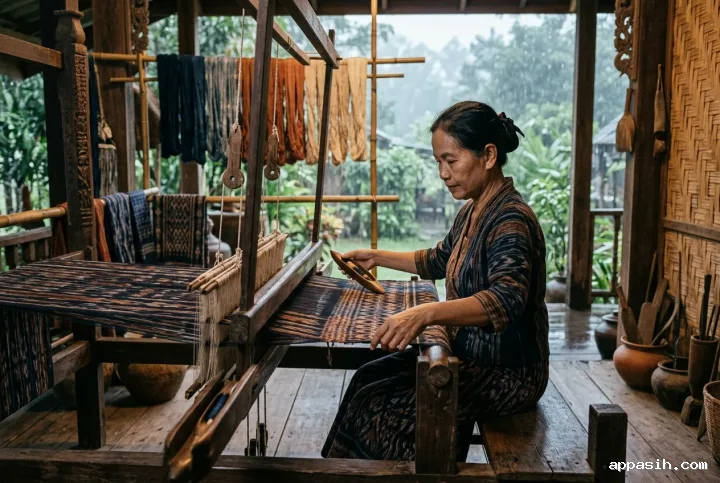 Ikat weaver passing a wooden shuttle through a traditional loom inside the same rainlit heritage house, surrounded by hand-dyed yarn, woven cloth, and aged timber details.