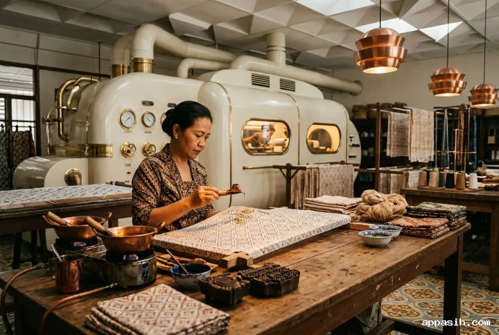 Batik artisan finishing a wax pattern at a wooden table inside the same retro-futurist textile workshop with copper tools, brass machinery, curved windows, and warm amber lamps.