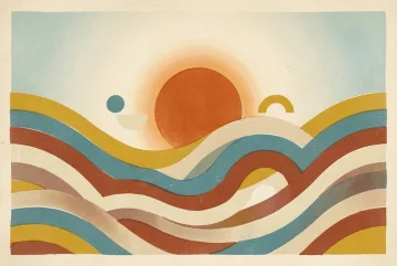 Abstract burnt-orange geometric sun above layered mustard, teal, rust, and cream terraced waves in a Retro Vintage Poster style.