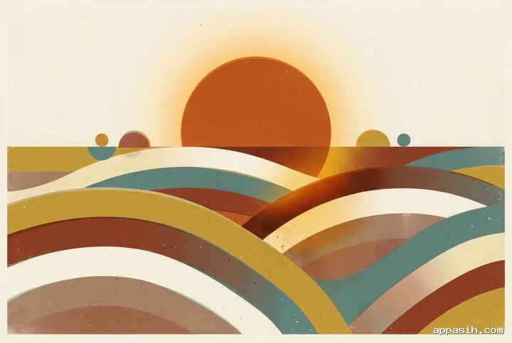 Closer abstract view of a burnt-orange geometric sun and layered terraced waves with faded screen-print texture in a Retro Vintage Poster style.