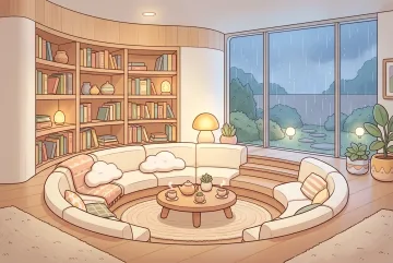 Kawaii sunken reading lounge with a curved cream sofa, cloud-shaped cushions, built-in bookshelves, warm lamps, and a large rain-covered garden window.