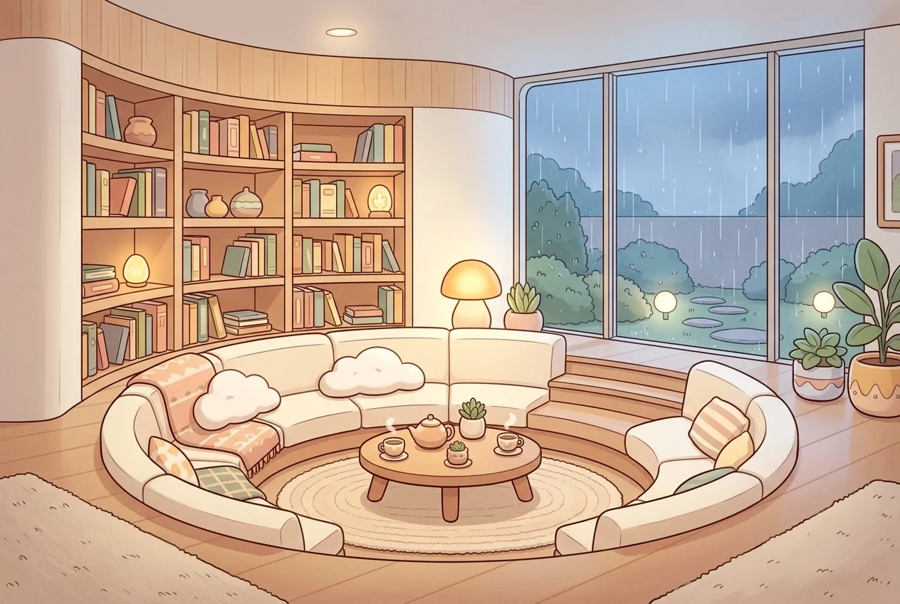 Kawaii sunken reading lounge with a curved cream sofa, cloud-shaped cushions, built-in bookshelves, warm lamps, and a large rain-covered garden window.