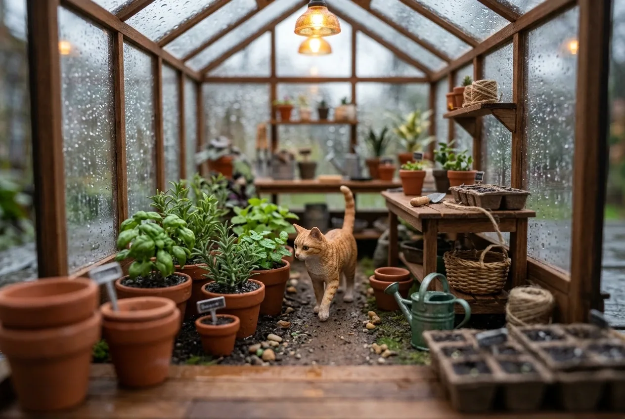 Orange tabby cat exploring a rainy miniature greenhouse with terracotta herb pots, tiny gardening tools, warm lamps, and detailed 3D tilt-shift scenery.