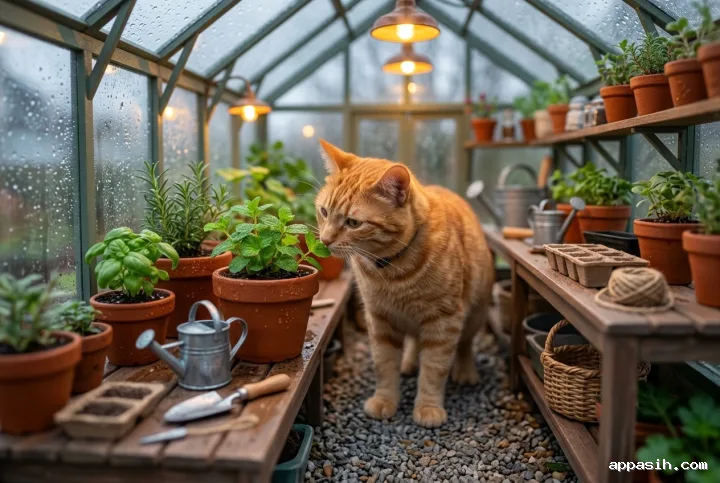 Orange tabby cat inspecting a mint plant inside the same rainy miniature greenhouse, surrounded by terracotta herbs, tiny gardening tools, warm lamps, and detailed 3D tilt-shift textures.
