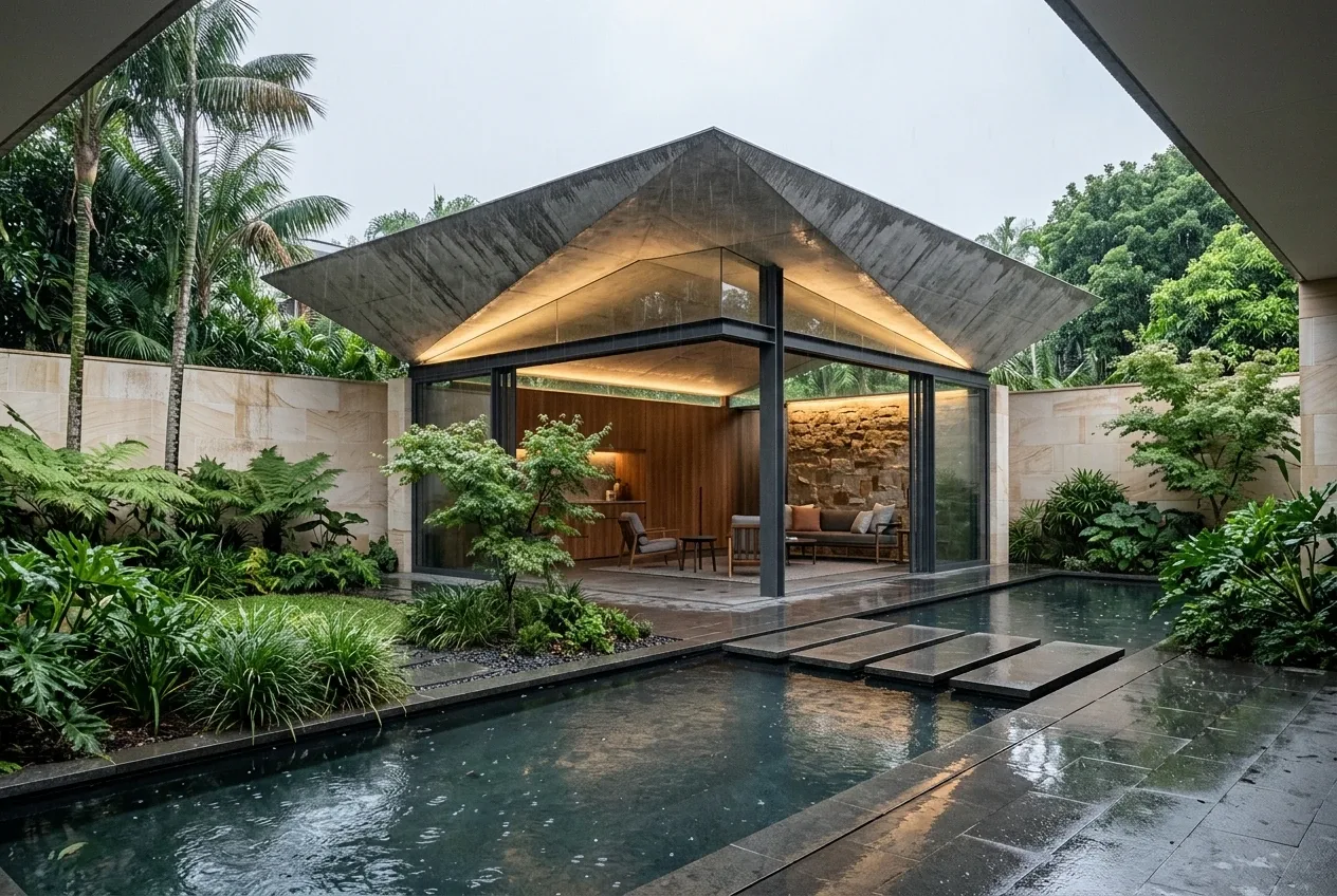 Contemporary courtyard pavilion with a folded concrete roof above a rain-covered reflecting pool, pale stone walls, and tropical greenery.