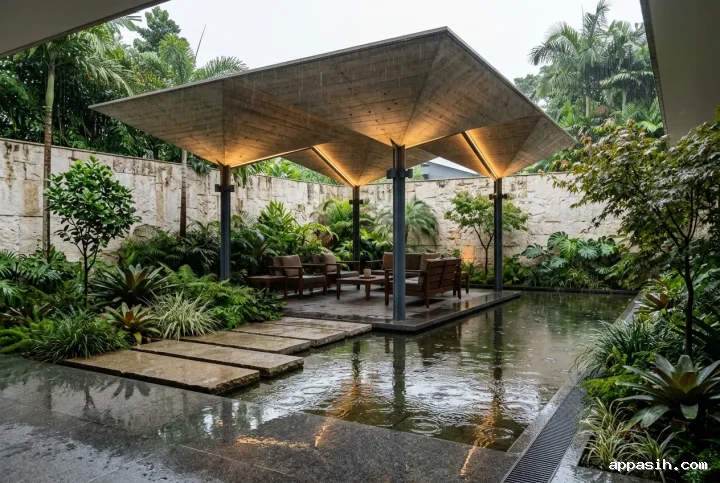 Closer architectural view of a folded concrete rain pavilion with warm concealed lighting, wet stone paving, reflecting pool, and tropical courtyard planting.