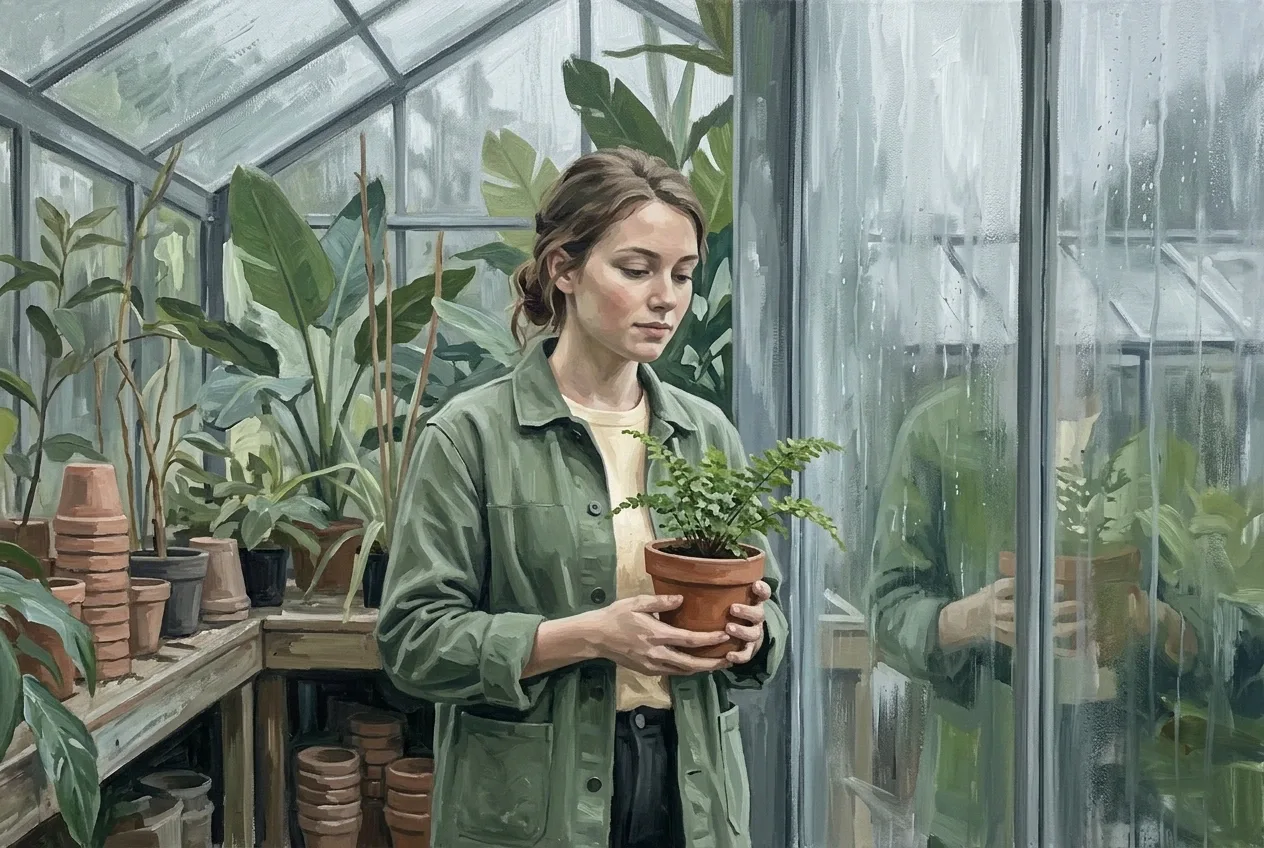 Young botanist holding a potted fern inside a rain-soaked glasshouse in a textured acrylic painting portrait.