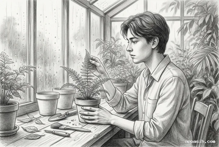 Detailed pencil sketch portrait of the same young botanist gently lifting a fern frond inside a rainy glass conservatory.