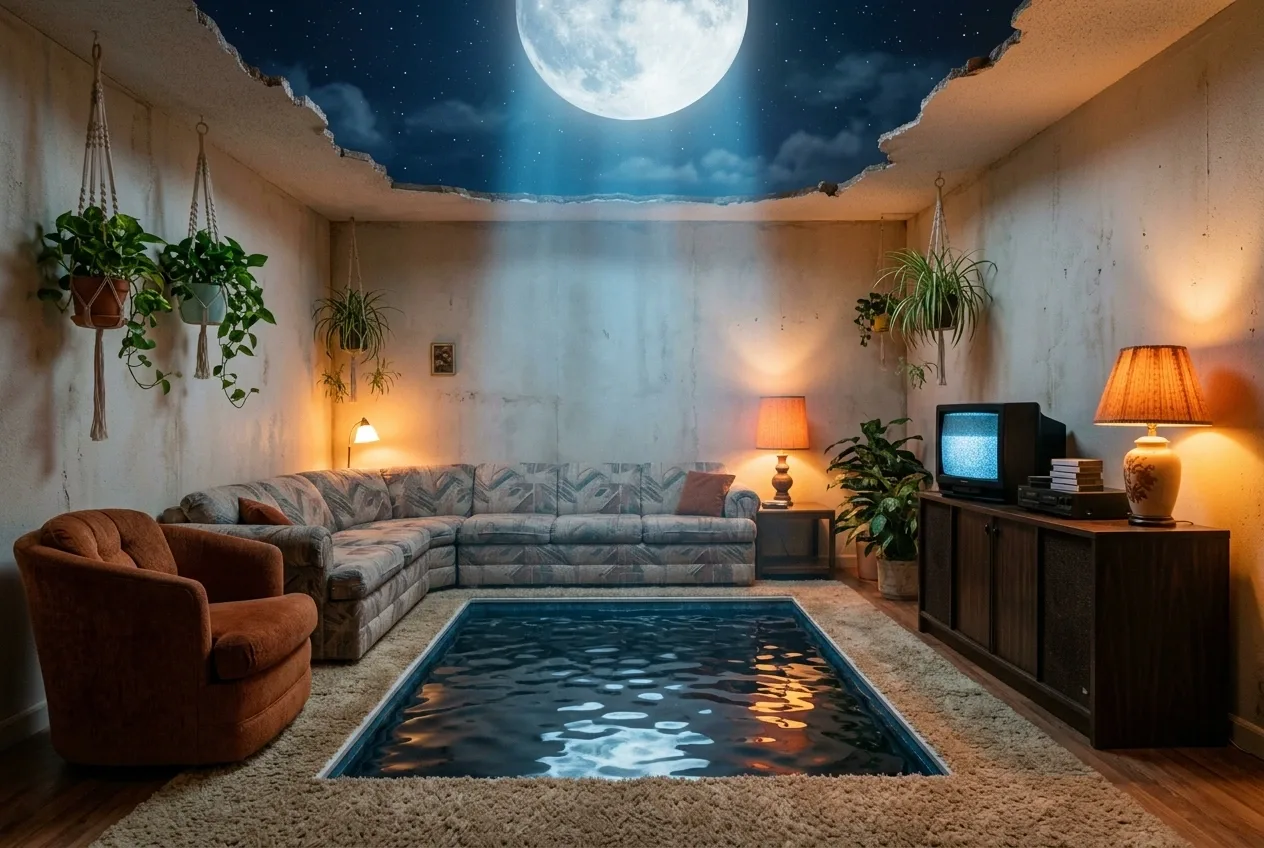 Surreal 1980s living room with a moonlit indoor pool, CRT television, cassette player, patterned sofa, vintage lamps, and an oversized moon visible through the ceiling.
