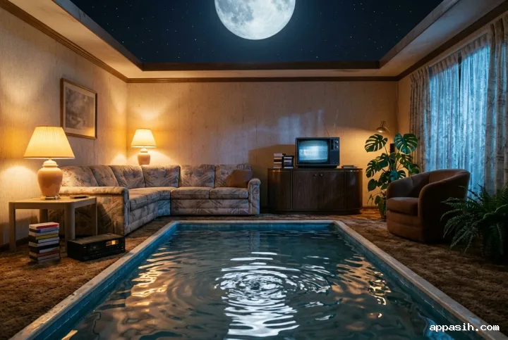 Surreal 1980s living room viewed across a reflective indoor pool with a CRT television, cassette player, patterned furniture, warm vintage lamps, and an oversized moon above the open ceiling.