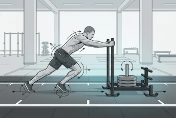 Strength athlete pushing a weighted training sled across an indoor performance floor in a Graphic Technical Illustration showing athletic posture and force direction.
