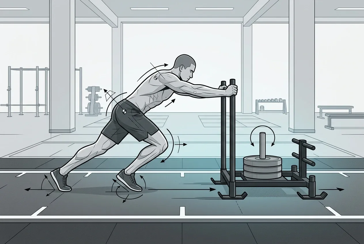 Strength athlete pushing a weighted training sled across an indoor performance floor in a Graphic Technical Illustration showing athletic posture and force direction.