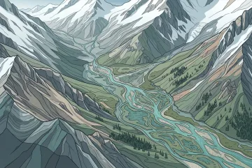 Graphic technical illustration of an alpine watershed valley with snow-covered ridges, braided turquoise streams, gravel bars, conifer patches, and wetlands.