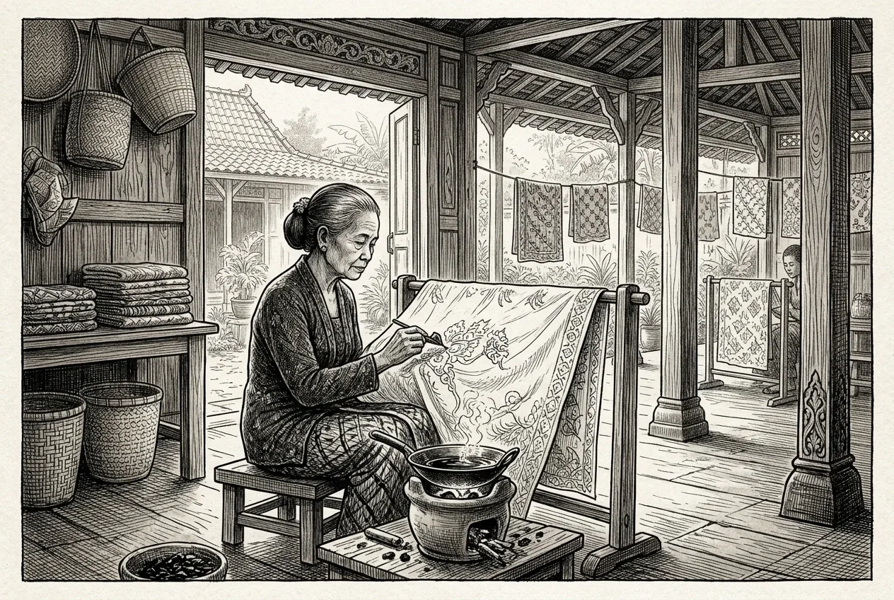 Ink drawing of a Javanese batik artisan using a canting on patterned cloth inside a traditional wooden workshop with heritage craft tools.