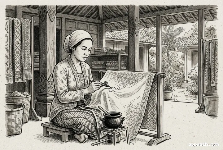 Detailed ink drawing of a Javanese batik artisan applying wax with a canting in a traditional wooden workshop, with patterned cloth, heritage tools, and a tropical courtyard.