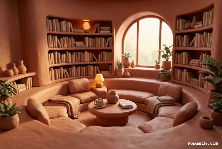 Three-quarter view of a terracotta sunken reading lounge with curved clay bookshelves, sculpted seating, warm afternoon light, plants, and handcrafted Clay 3D textures.