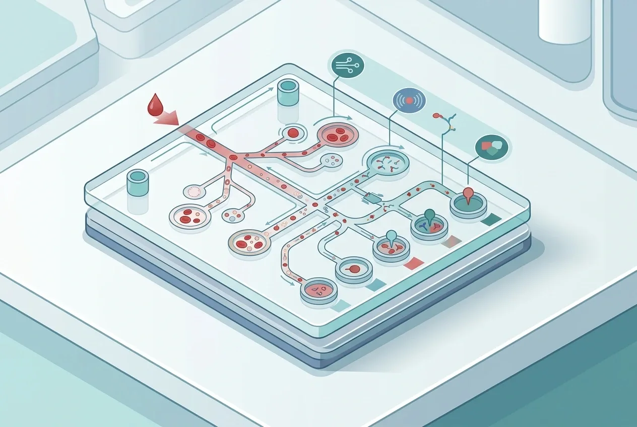 Microfluidic blood analysis lab-on-a-chip infographic illustration with branching diagnostic channels, blood cells, biomarker particles, and sensor chambers.