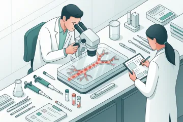Two scientists studying red blood cell flow through a transparent organ-on-chip blood vessel device in a biomedical laboratory, shown as a clean 2D illustration.