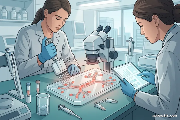 Closer three-quarter view of two scientists examining red blood cells flowing through an organ-on-chip blood vessel device in a modern biomedical laboratory, rendered as a detailed 2D illustration.