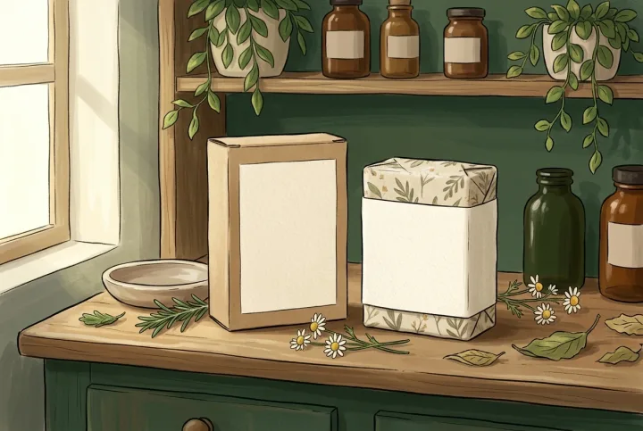 Blank kraft botanical soap box and wrapped soap bar displayed with herbs and flowers on a cozy apothecary counter in a 2D storybook illustration.