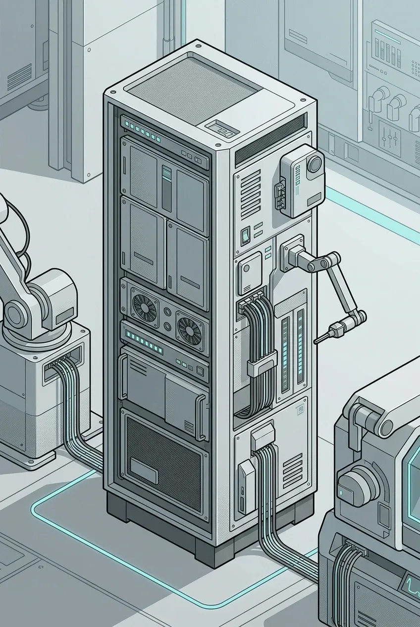 Graphic technical illustration of a modular edge AI maintenance terminal connected to robotic machinery in an automated factory service bay.