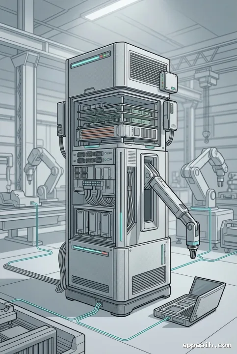Detailed graphic technical illustration of a modular edge AI maintenance terminal with exposed computing modules and connected factory robots.