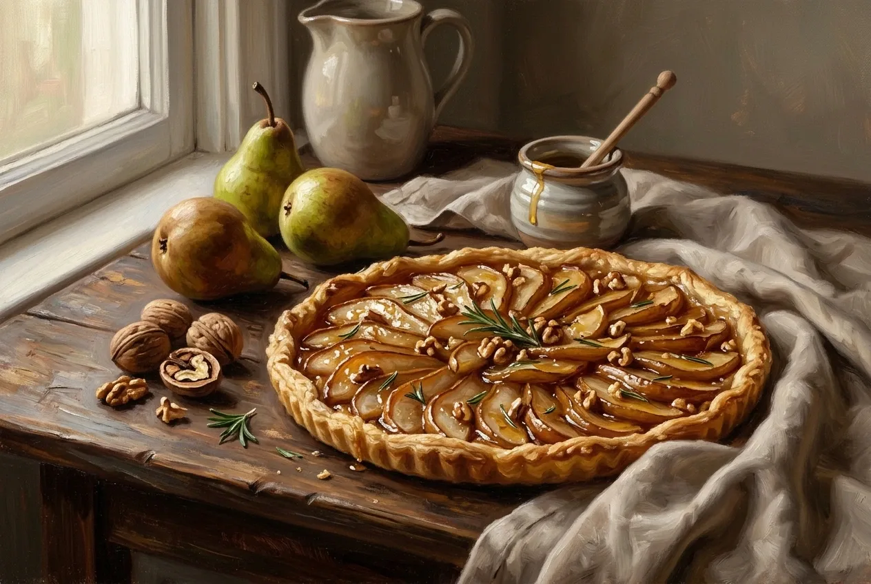 Oil painting of a rosemary pear tart with honey and toasted walnuts on a rustic wooden table beside fresh pears and a ceramic honey pot.