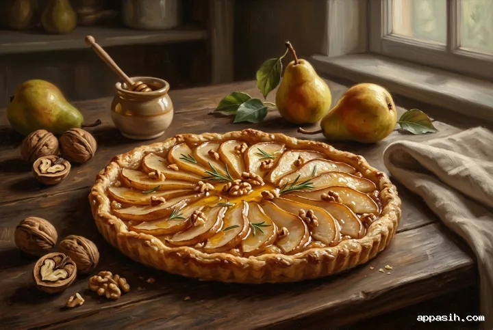 Detailed oil painting of a rosemary pear tart with honey and walnuts in warm window light, surrounded by fresh pears, walnuts, linen, and a ceramic honey pot.