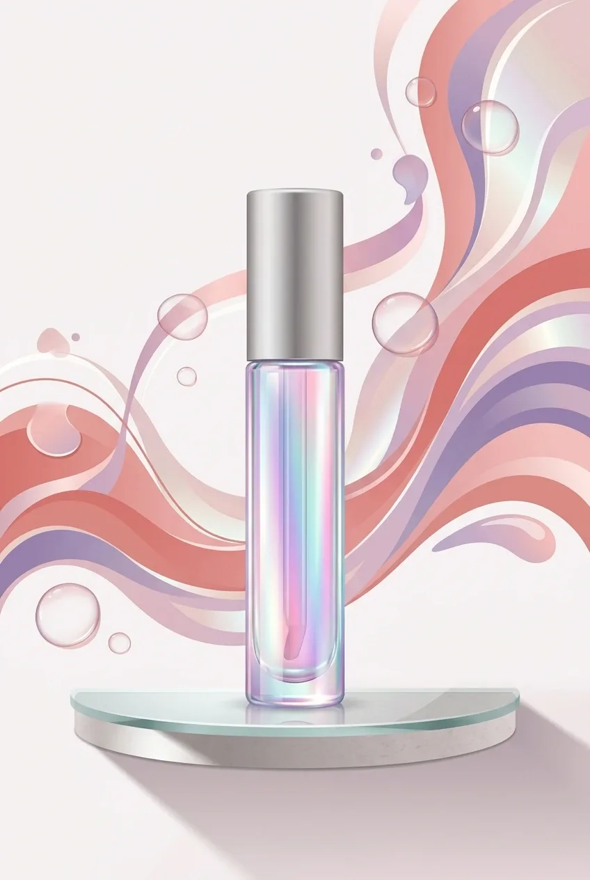 Iridescent glass lip serum bottle surrounded by pink, coral, lavender, and pearl abstract graphic waves with translucent cosmetic droplets.
