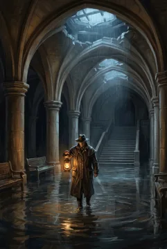 Digital painting of a solitary lantern keeper walking through a flooded underground station at midnight beneath rainlit stone arches.