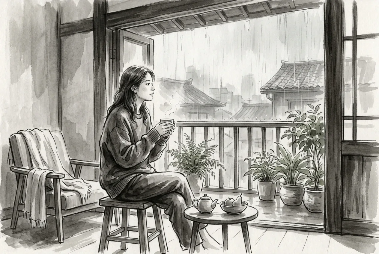 Young adult holding warm tea beside a plant-filled apartment balcony during a rainy morning in black and gray Ink Wash Drawing.