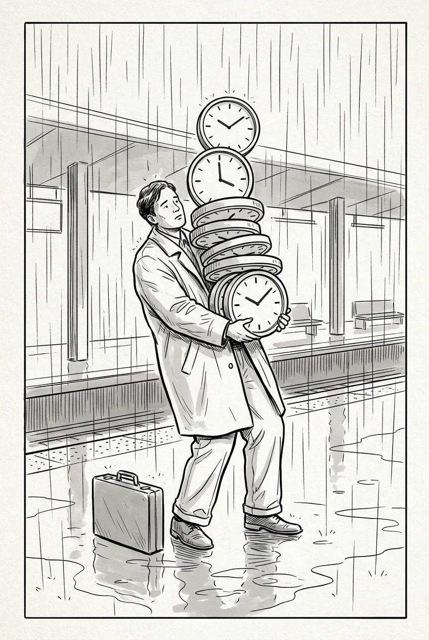 Line art drawing of an office worker balancing a tall stack of analog clocks on a rainy transit platform beside a briefcase.