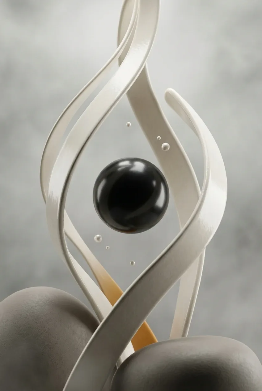 Polished black obsidian sphere surrounded by flowing ivory ceramic ribbons and floating pearl-like droplets in a stylized 3D abstract sculpture.